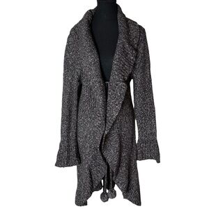 JULES & JAMES Grey Brown Wool Blend Knit Cardigan Ruffle Pom Pom Front Tie Large